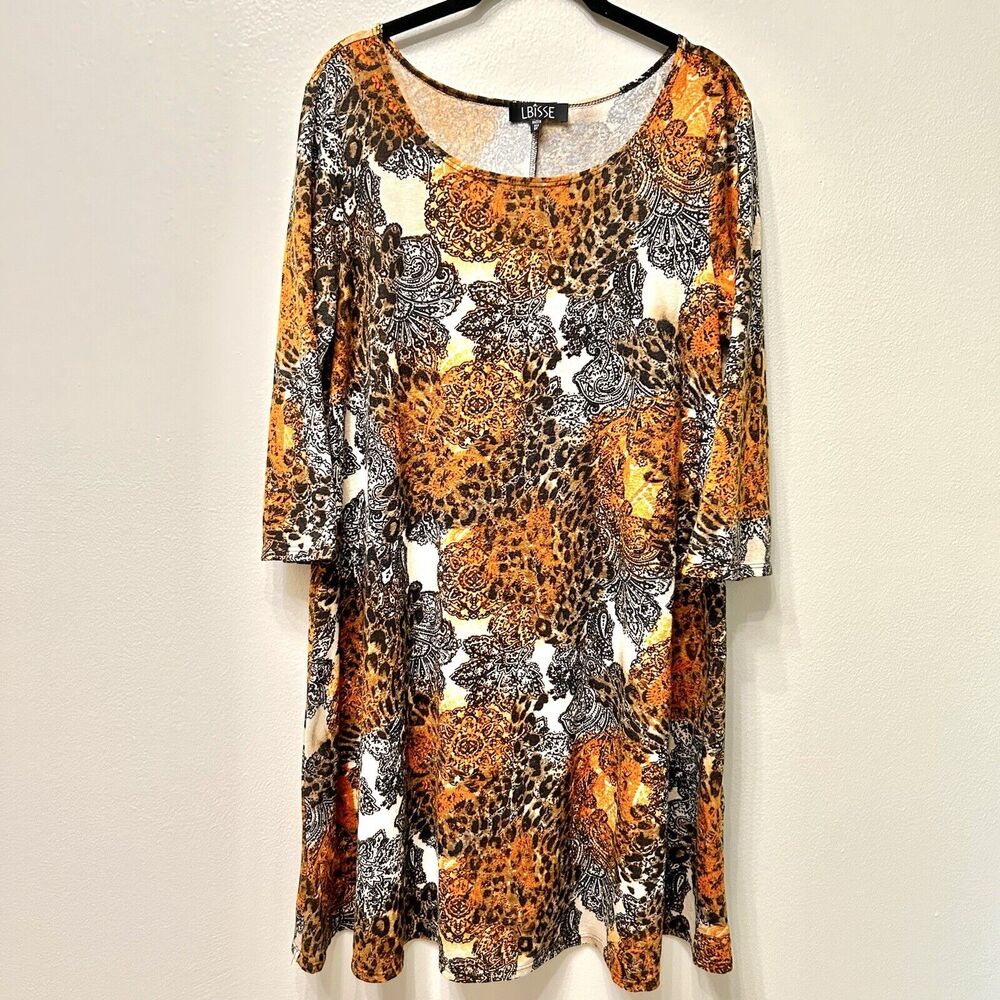 Lbisse‎ Dress 1X Orange Black Tan Floral Boho Casual Classy Knee Length Abstract